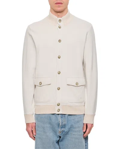 Fay Buttoned Beige Bomber Jacket With Ribbed Details In White