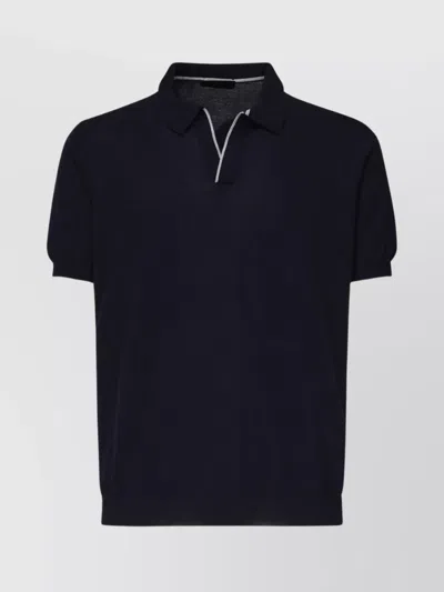 Fay Buttonless Polo Shirt With Ribbed Hem And Short Sleeves In Blue