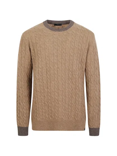 Fay Cable-knit Elbow-patch Sweater In Brown