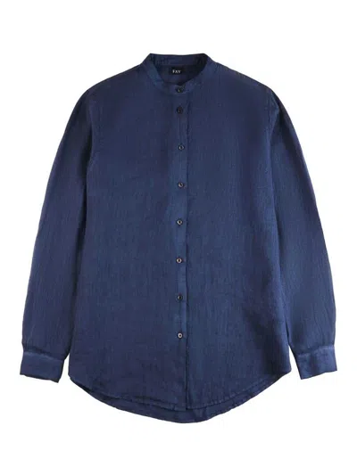 Fay Band-collar Linen Shirt In Blue