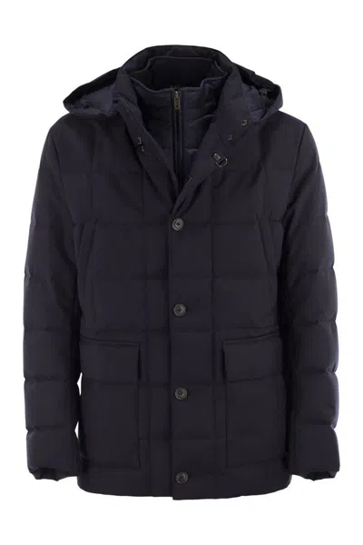 Fay Canvas Mélange Caban Jacket With Down Padding In Black