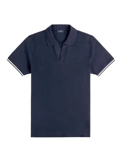 Fay Casual Piqued-texture V-neck Short-sleeve T-shirt In Blue