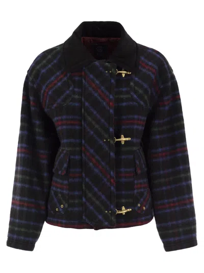 Fay Checked Wool-blend Jacket With Hook Fastenings In Blue