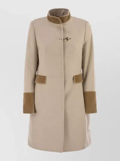 Fay Coat Brooch Detail Velvet Collar Cuffs In Neutral
