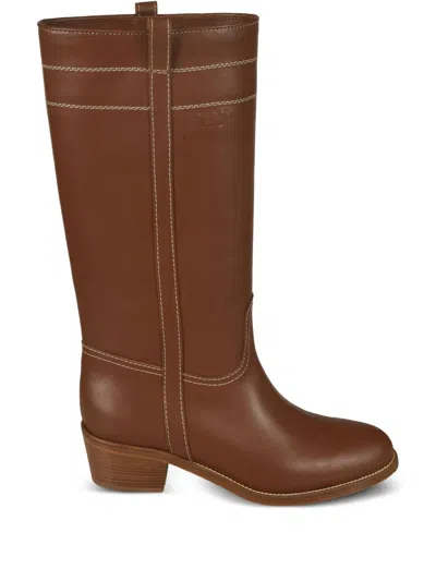 Fay Contrast-stitch Leather Boots In Brown