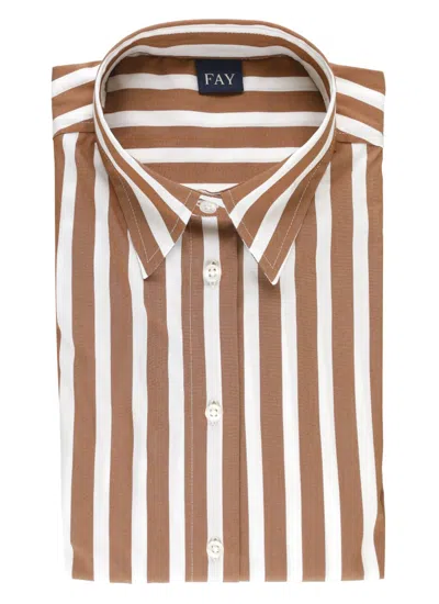 Fay Regular Striped Stretch Cotton Shirt In Brown