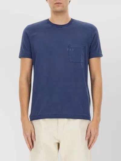 Fay Crew Neck T-shirt With Chest Pocket And Straight Hem In Blue