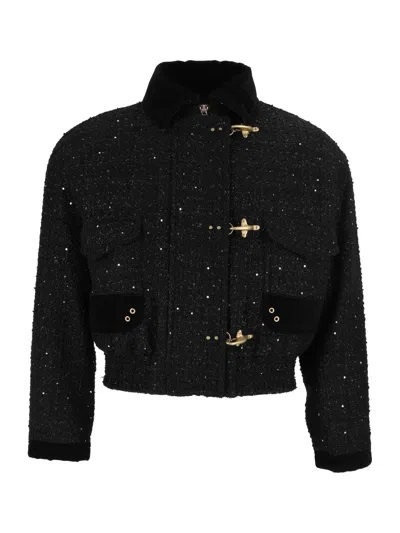 Fay Cropped Bomber Jacket With Textured Fabric And Gold-tone Details In Black