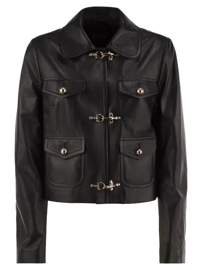 Fay Cropped Genuine Leather Jacket With Hooks In Black