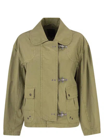 Fay Cropped Technical Cotton Jacket With Signature Hook Fastening In Green