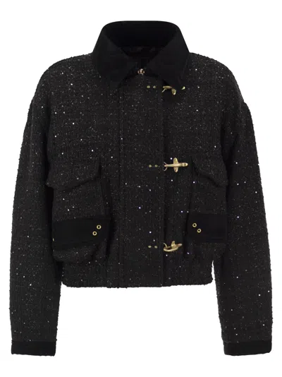 Fay Cropped Tweed Jacket With Sequins And  Hooks In Black