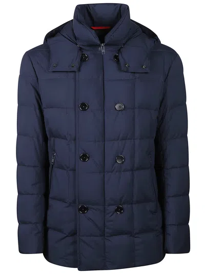 Fay Double Breasted Hooded Down Jacket In Blu Navy
