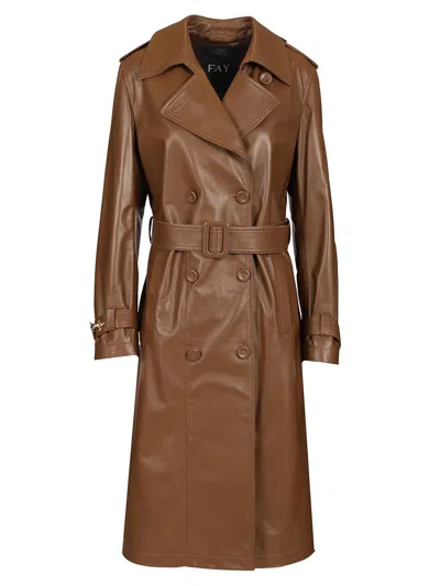 Fay Double-breasted Trench Coat In Marrone Chiaro