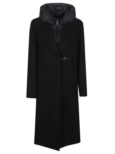 Fay Double Front Hooded Long Wool Coat In Black