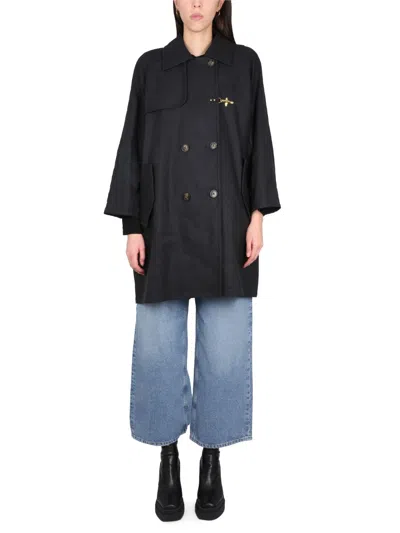 Fay Double-breasted Cotton-linen Trench Coat In Black