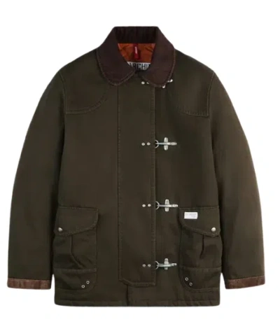 Fay 4-hook Jacket In Brown With Ribbed Collar In Green