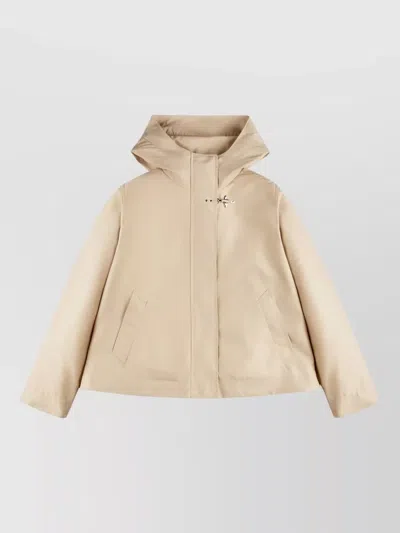Fay Hooded Jacket Long Sleeves Drawstring Hem Pockets In Neutral