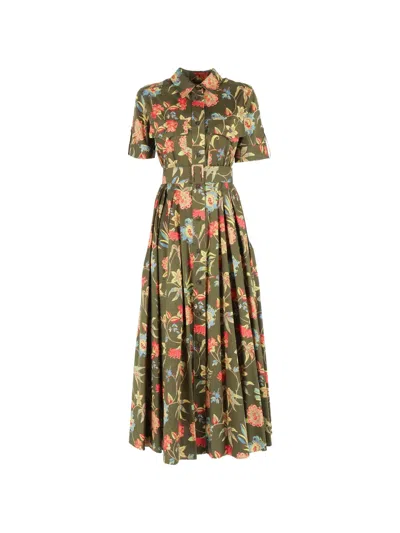 Fay Floral Belted Midi Shirt In Green