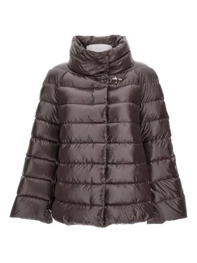 FAY GLOSSY BROWN PUFFER JACKET WITH HIGH COLLAR