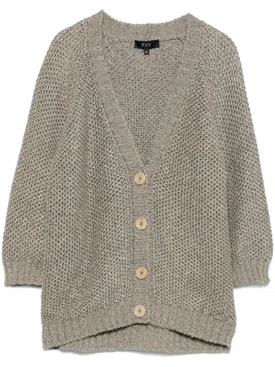 Fay Gray Cardigan With Deep V-neck And Button Detail In Grey