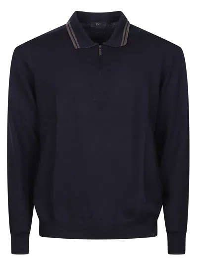 Fay Half Zip Striped Knit Virgin Wool Sweater In Blue