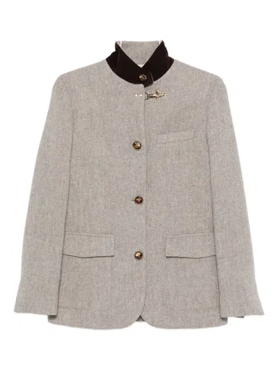 Fay Herringbone Velvet-collared Jacket In Gray