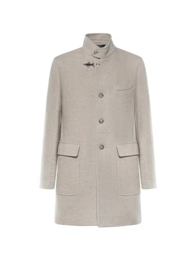 Fay Herringbone-pattern Hook-fastening Coat In Multi