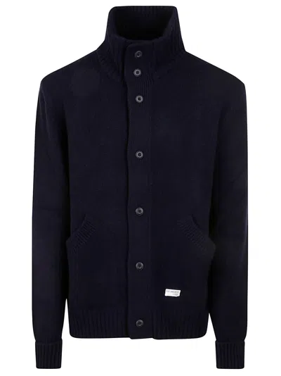 Fay High-neck Logo Patched Knit Jacket In Blue