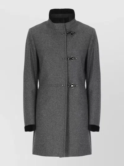 Fay High Neck Virgin Wool Coat Velvet Trims In Gray