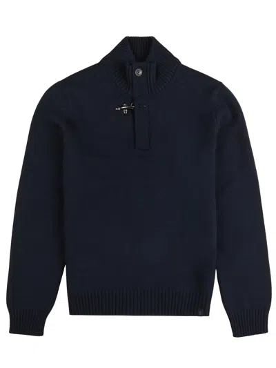 Fay High Neck Virgin Wool Sweater With Elbow Patches For Men In Blue