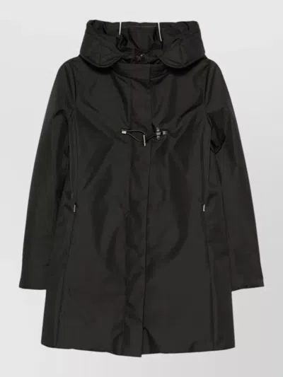 Fay Hooded Midi Parka Coat Padded Sleeves In Black