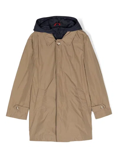 Fay Kids' Gabardine Hooded Trench Coat In Brown