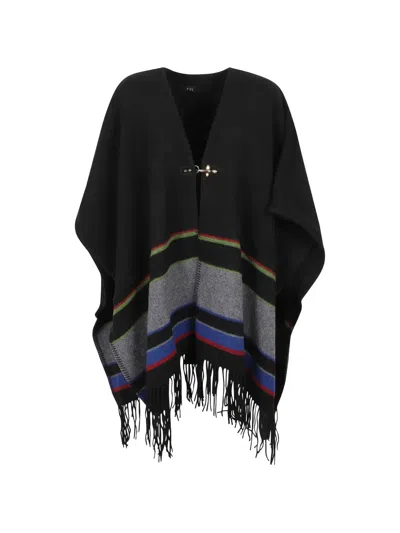 Fay Hook-fastening Fringed Cape Jacket In Black