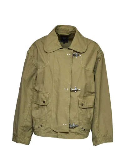Fay Cropped Technical Cotton Jacket With Signature Hook Fastening In Green