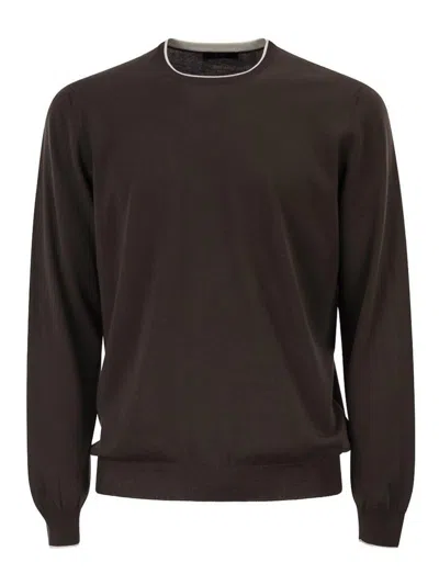 Fay Knit Sweater In Brown Cotton With Crew Neck