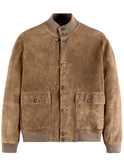 Fay Leather Buttoned Bomber In Brown