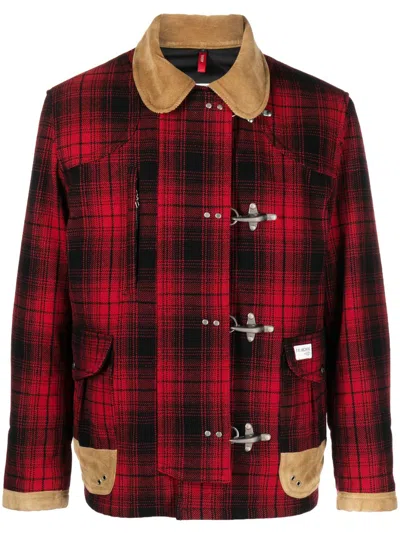 Fay Leather-detailing Checked Jacket In Red