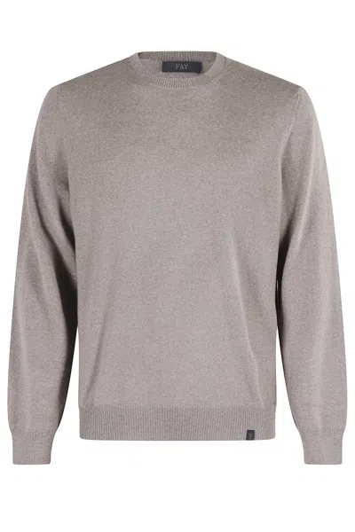 Fay Light Khaki Wool Crew Neck Sweater In Gray