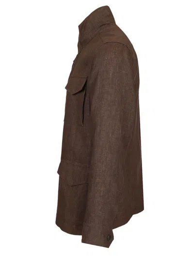 Fay Linen Canvas Field Jacket In Brown