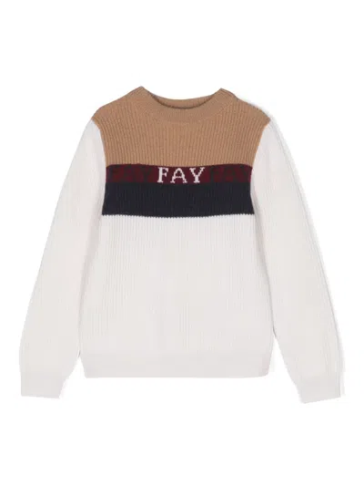 Fay Kids' Logo Intarsia-knit Jumper In Bianco