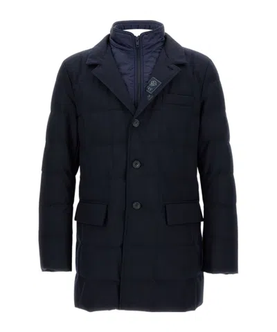 Fay Men Long Down Front Double Breasted Coat In Blue
