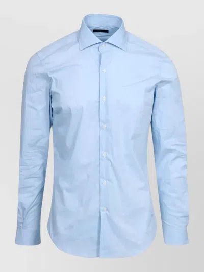 Fay Long Sleeve Shirt Curved Hem Buttondown Collar In Blue
