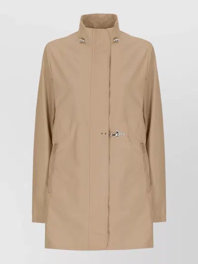 Fay Longline Waterproof Jacket High Neck Pockets In Brown