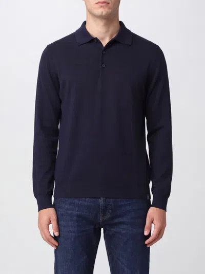 Fay Long-sleeved Wool Knit Polo Shirt With Three-button Placket In Blue