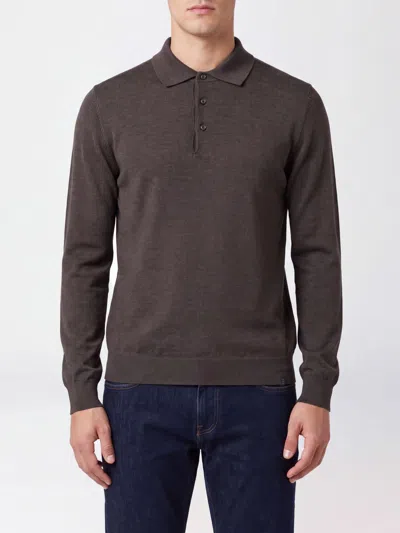 Fay Long-sleeved Wool Knit Polo Shirt With Three-button Placket In Brown