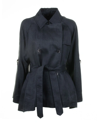 Fay Navy Blue Double-breasted Trench Jacket With Belt In Lavado Claro