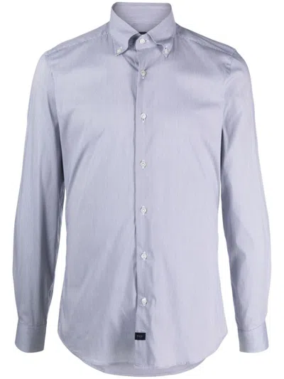 Fay Logo-patch Micro-striped Shirt In Blue