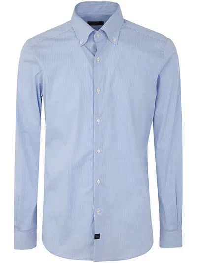 Fay Men New Button Down Stretch Microchecked Shirt In Blue