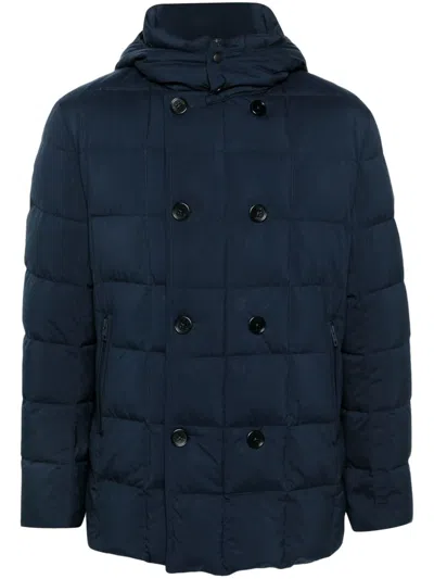 Fay Double Breasted Hooded Down Jacket In Blue