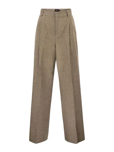 Fay Regular Fit Trousers In Micro-check Cotton And Linen In Neutral
